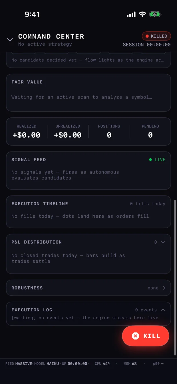 The Tape Command Center showing live signal feed, execution timeline, P&L distribution and a prominent kill button.
