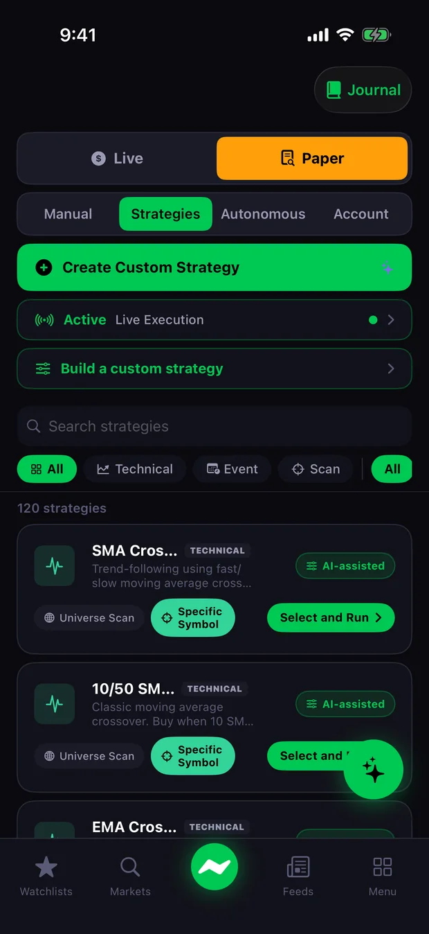 The Tape strategy library showing over 120 strategies with technical, event and scan filters.