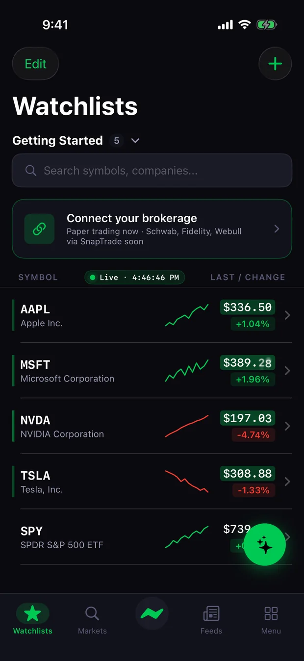 The Tape app showing a live watchlist of AAPL, MSFT, NVDA, TSLA and SPY with streaming prices and sparklines.
